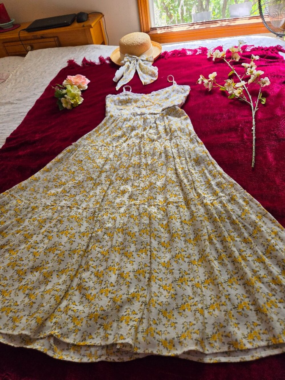 FULL SWEEP YELLOW AND CREAM FLORAL MAXI WITH SATIN RIBBONS AND HAIR BOW..S-M